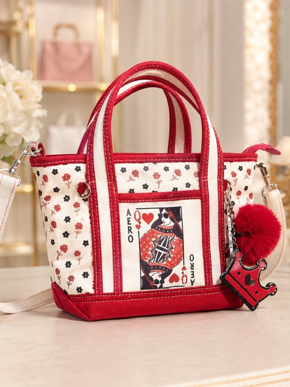 Aeropostale Queen of Hearts Mini Tote Canvas Crossbody Bag Red NWT